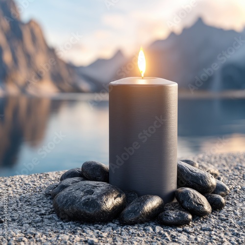 A serene gray candle burns brightly, nestled amongst dark stones by a tranquil lake and majestic mountains at sunset
