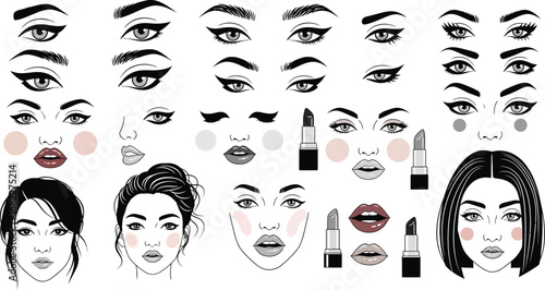 Various illustrations of female faces with different makeup styles and lipstick shades displayed