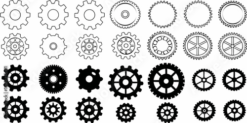 Collection of diverse mechanical gears and cogs in outline and silhouette styles isolated on white background