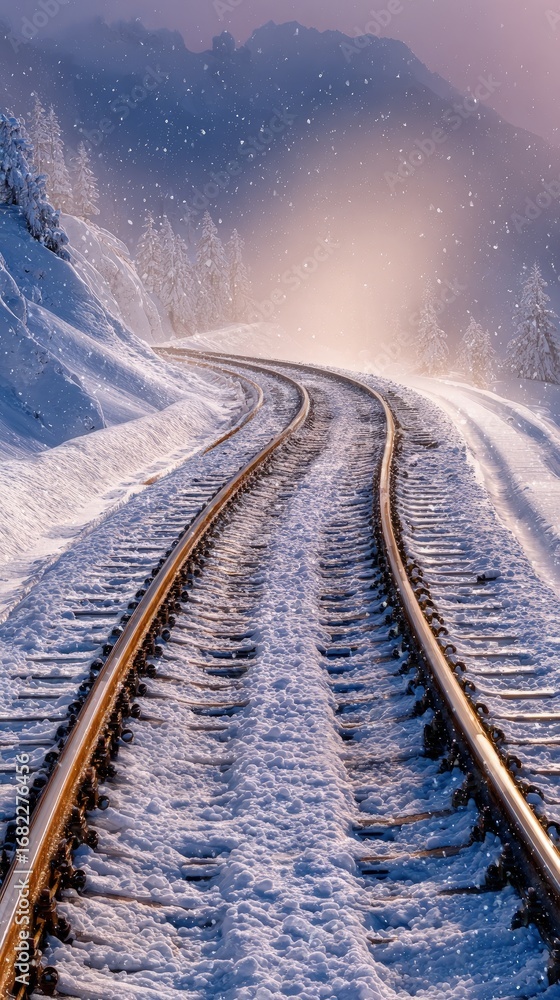 Fototapeta premium Snowy Mountain Train Tracks Under Winter Light