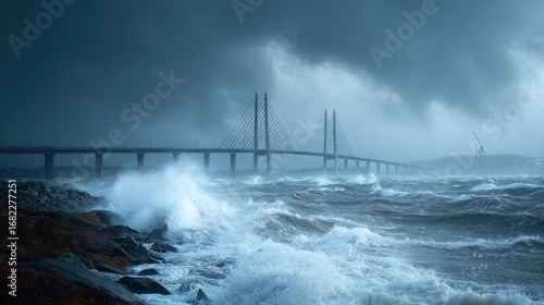Stormy bridge over rough ocean