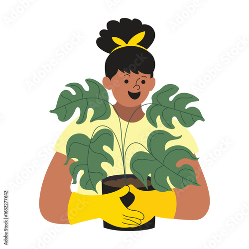 Flat style woman holding potted plant with gardening gloves illustrating eco lifestyle home gardening hobby and indoor plant care ideal for nature and ecology projects