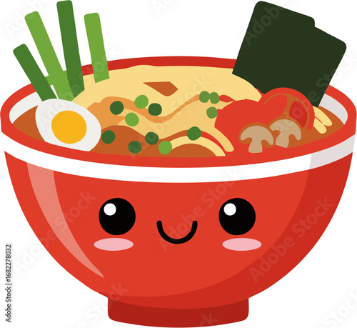 A cute and delicious bowl of Japanese ramen soup with delicious noodles, broth, toppings and a fun kawaii face