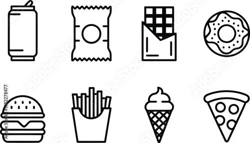 Fast Food Delights A Whimsical Outlined Collection of Unhealthy but Delicious Treats and Snacks Depicting an Array of Culinary Indulgences