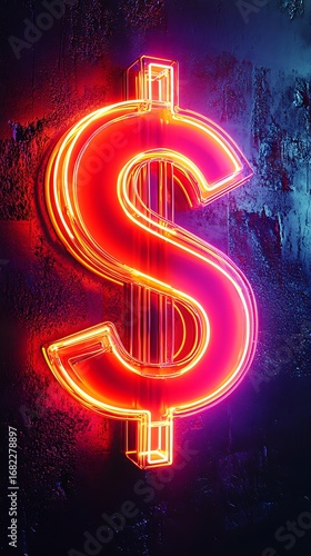 Vibrant neon dollar sign glows intensely against a dark, textured wall, symbolizing wealth and success