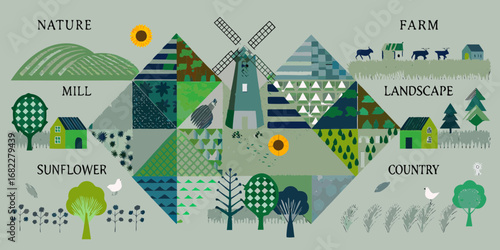 Whimsical countryside collage featuring a windmill farm animals and natural elements