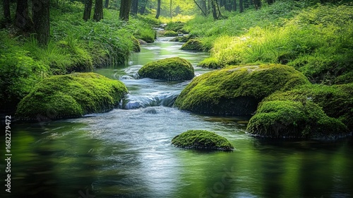 Wallpaper Mural Serene forest stream flowing over mossy rocks creating a peaceful nature scene in the lush green woodland landscape Torontodigital.ca