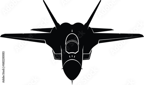 Black silhouette of modern fighter jet aircraft front view, military aviation vector illustration, combat plane design, isolated white background.
