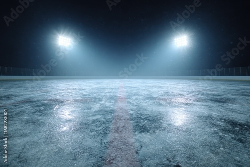 Empty ice hockey rink at night