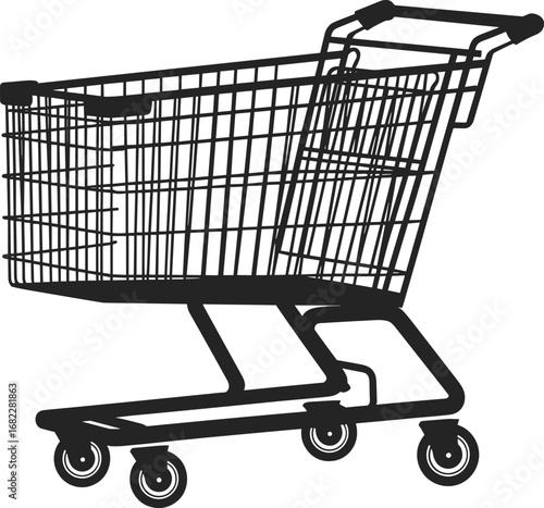 Black shopping cart vector illustration, empty grocery trolley, supermarket shopping basket, retail market cart design, isolated white background.