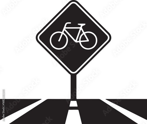 Bicycle crossing road sign with perspective road lines, black and white graphic