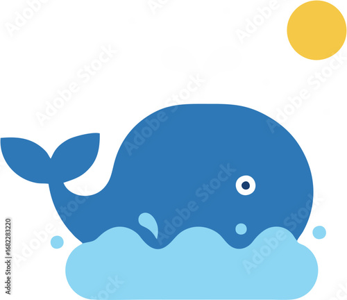 Whale splashing in water under a sunny sky in a charming, minimalist flat design illustration, perfect for children's books or marine life themes