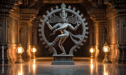 Nataraja statue in ornate temple, dancing form with ring, golden light