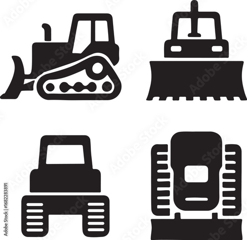 Bulldozer Silhouette Icons Set Side, Front, Back, and Top Views Vector Illustration