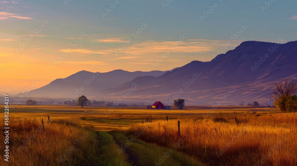 Obraz premium Sunset over rustic farmland
