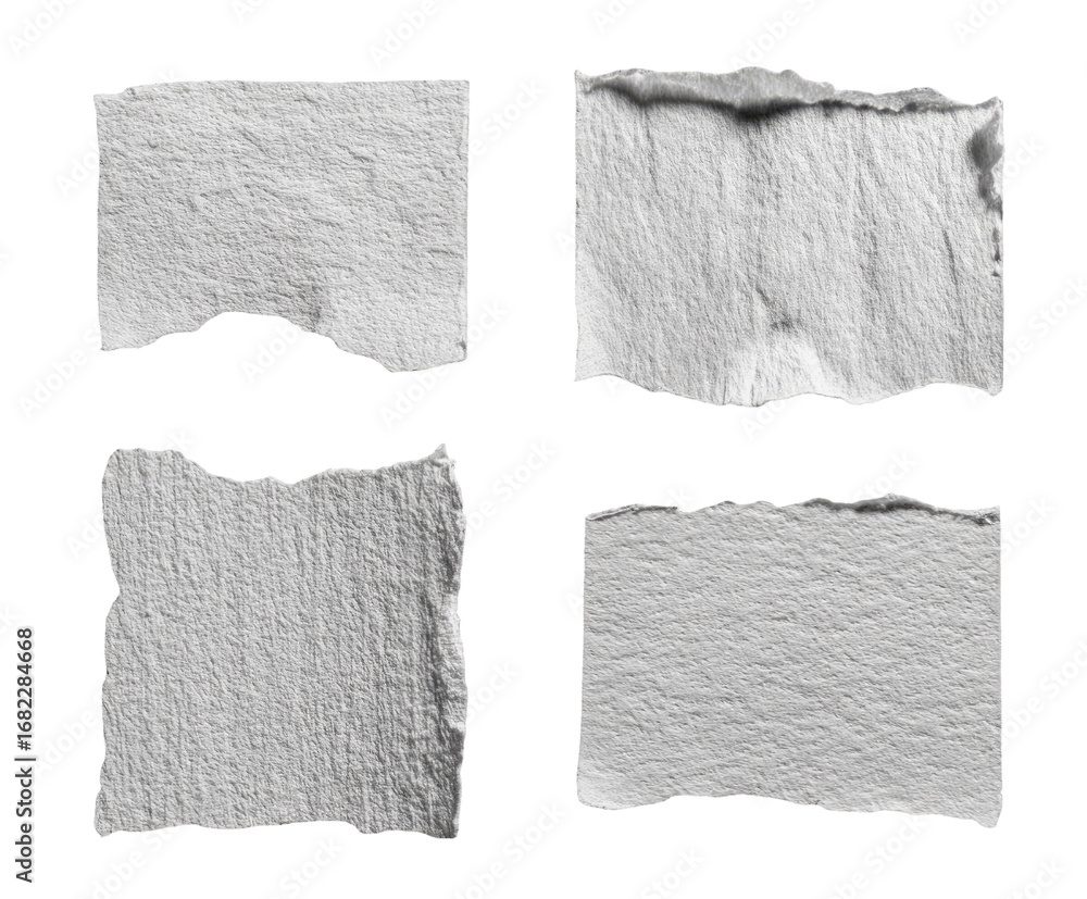 Obraz premium Four irregularly-shaped, textured, off-white paper scraps arranged in a grid. Each piece shows uneven edges and surface texture