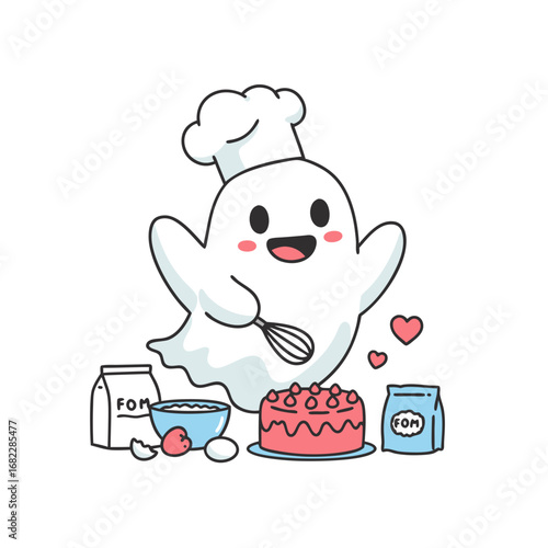 Adorable spectral baker cheerfully whisking a sweet cake, surrounded by baking essentials and heartfelt joy