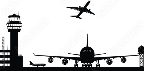 Silhouette Airport Illustration with Control Tower, Airplanes Landing, Taking Off, and Parked on Runway for Travel and Aviation