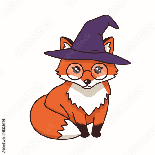 Charming Cartoon Fox Character Adorned with a Whimsical Witch Hat and Round Spectacles
