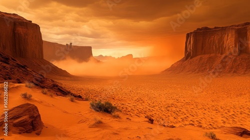 Wallpaper Mural Dramatic desert landscape with sandstone buttes under a fiery orange sky at sunset Torontodigital.ca