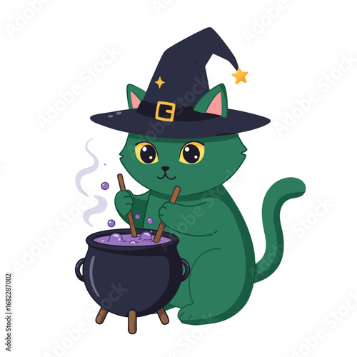 Green Cat Witch Brewing Potion in a Cauldron for Halloween
