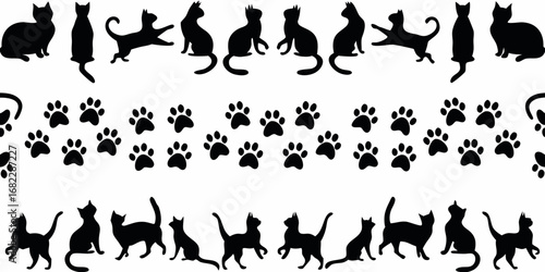 Seamless pattern of black cat silhouettes and paw prints on a white background