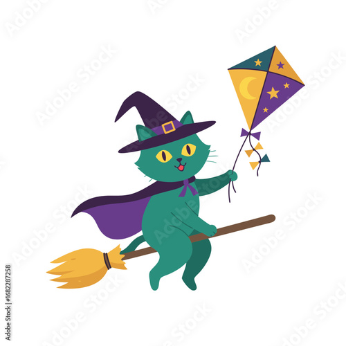 Green cat wearing a witch hat and cape flying on a broomstick with a kite