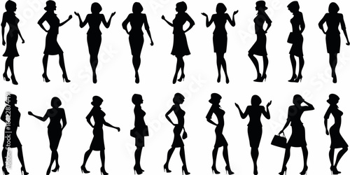 Collection of diverse female business professionals in silhouette showcasing various poses and attire