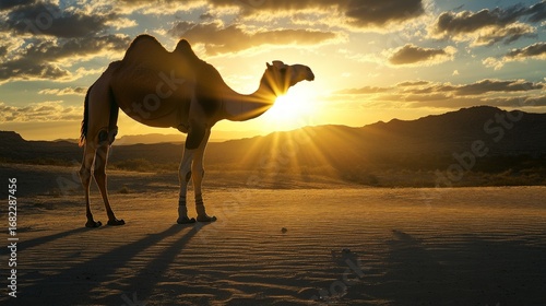 Wallpaper Mural Camel standing in the desert at sunset with sun rays beaming through the sky and clouds Torontodigital.ca