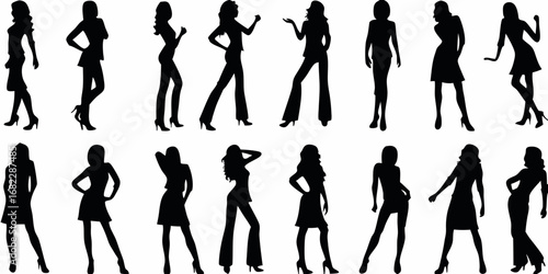 Collection of diverse female silhouettes in various fashionable poses and outfits