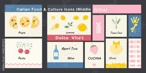 Italian food and culture icons featuring pizza lemons pasta wine cucina olives and dolce vita