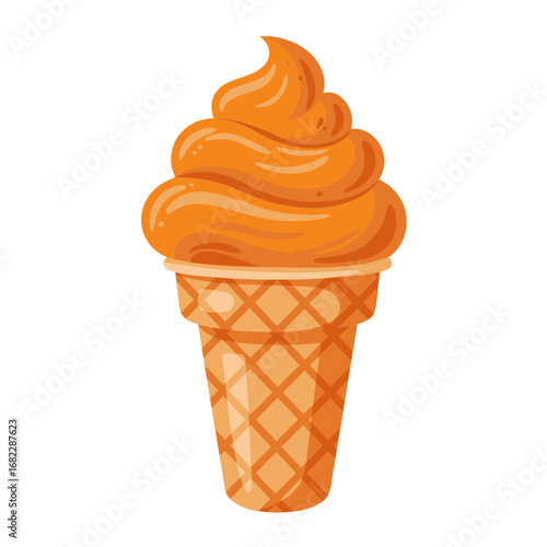 Vector illustration of a delicious orange soft serve ice cream swirl in a waffle cone isolated on a white background