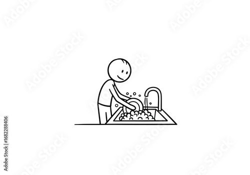 A stick figure is washing a plate in a sink full of bubbles with the water running
