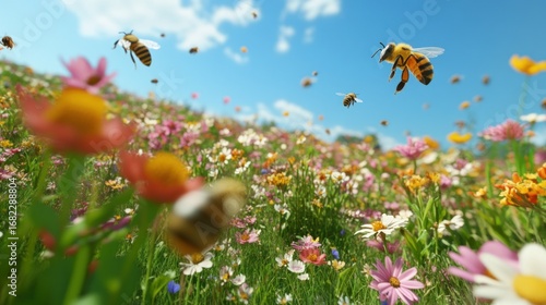 Wallpaper Mural Bees flying over a colorful wildflower meadow under a clear blue sky on a bright sunny day in the countryside Torontodigital.ca