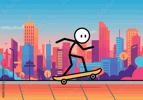 A stick figure skateboarder rides in front of a colorful city skyline