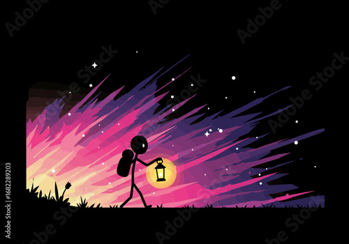 A stick figure with a backpack holds a lantern on grassy terrain against a purple and pink starry background