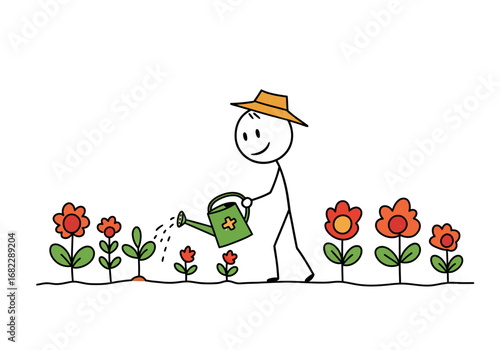 A stick figure wearing a hat waters flowers with a green watering can