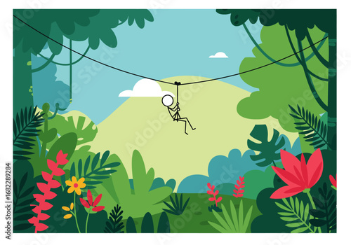 A stick figure ziplining through a green jungle