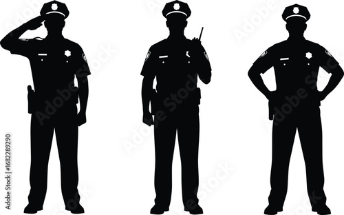 Silhouette of Police Officers in Uniform Standing with Hand Gestures and Equipment for Law Enforcement, Security, Patrol, and Public Safety Illustration