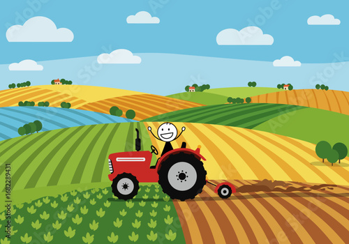 Cartoon field scene stick figure drives red tractor on farmland bright sky above