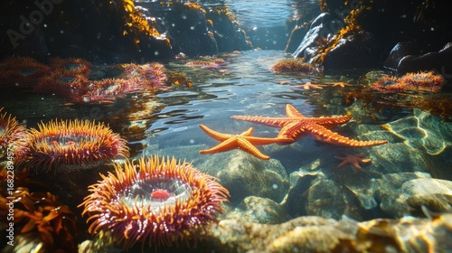 Starfish and sea anemones thrive in a shallow sunlit tide pool with clear water and rocky seabed environment