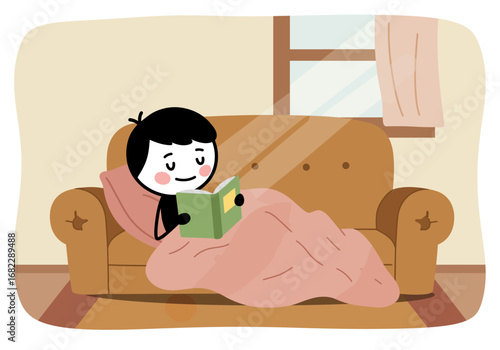 Cartoon figure reading book on couch beneath blanket by window