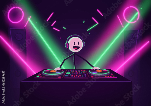 Cartoon DJ stick figure with headphones in neonlit setting behind turntables and speakers