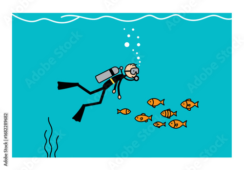 Cartoon scuba diver amidst fish in blue water with bubbles rising