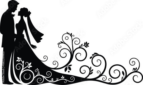 Elegant wedding couple silhouette, bride and groom vector, romantic love illustration, floral dress design, marriage celebration, vintage art, ornamental patterns, wedding decoration