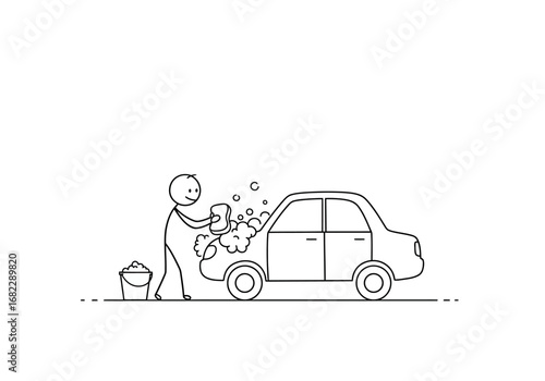 Cartoon Stick figure washing car with sponge bucket nearby