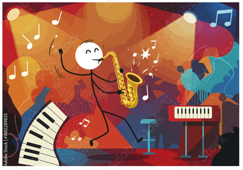 Cartoon stick figure plays saxophone on stage with pianos stool  musical notes under spotlights