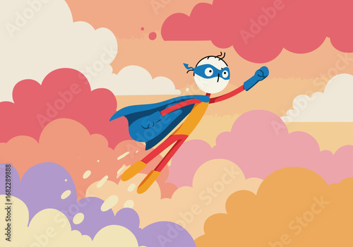 Cartoon superhero soars against a backdrop of colorful stylized clouds