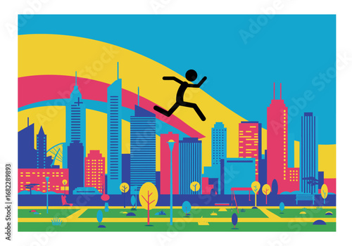 City skyline backdrop with a jumping stick figure silhouette in the foreground