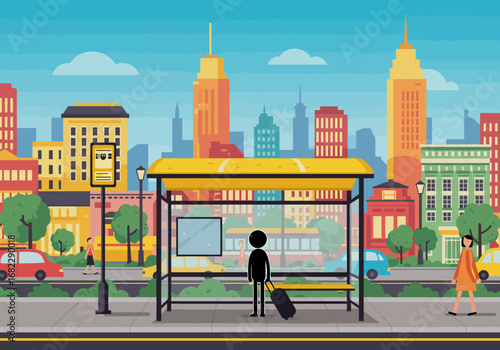 City bus stop scene with a waiting stick figure city buildings cars street lights and passersby